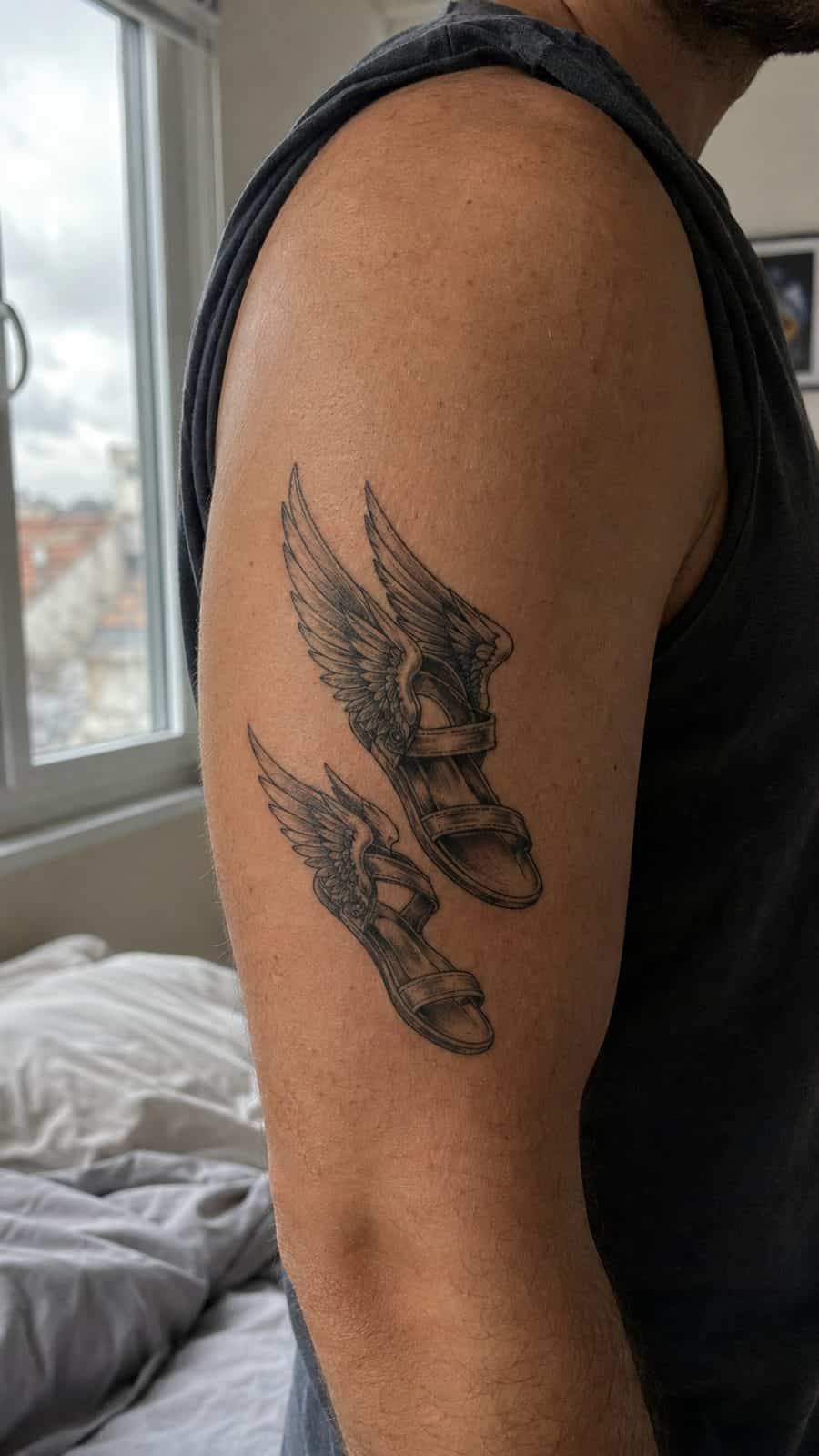 Modern Spartan: 18 Greek Tattoo Ideas Every Man Should Consider 18 Healed hermes's winged sandals tattoo on a adult man's outer upper arm, photographed in a natural gentle side angle that clearly shows — study 1