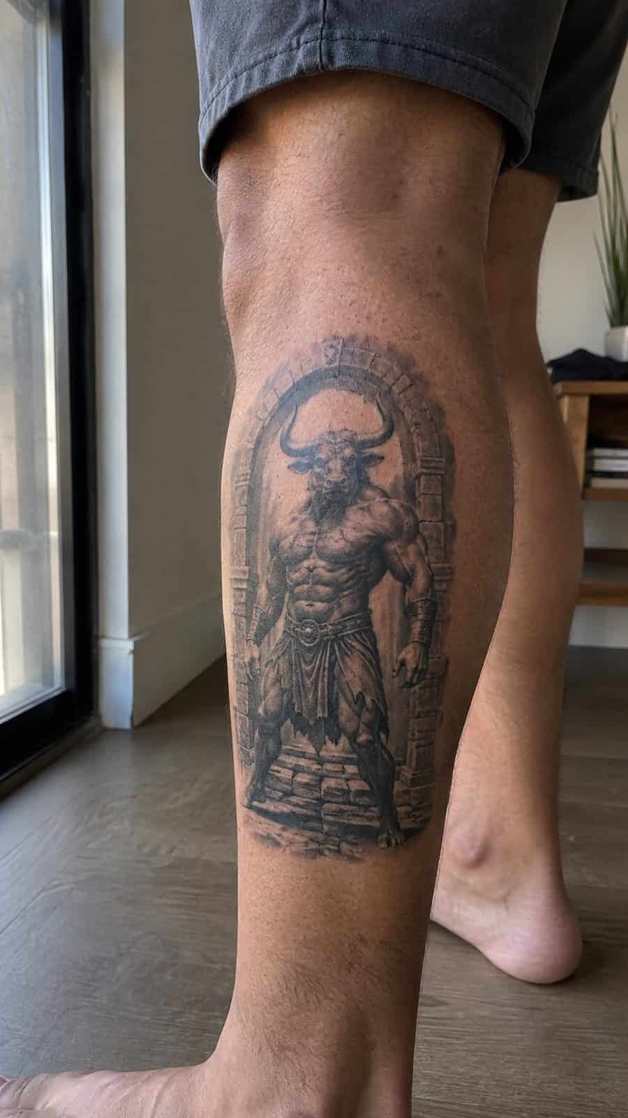 Modern Spartan: 18 Greek Tattoo Ideas Every Man Should Consider 21 Healed the minotaur tattoo on a adult man's outer calf, photographed in a natural slightly elevated close view — study 1
