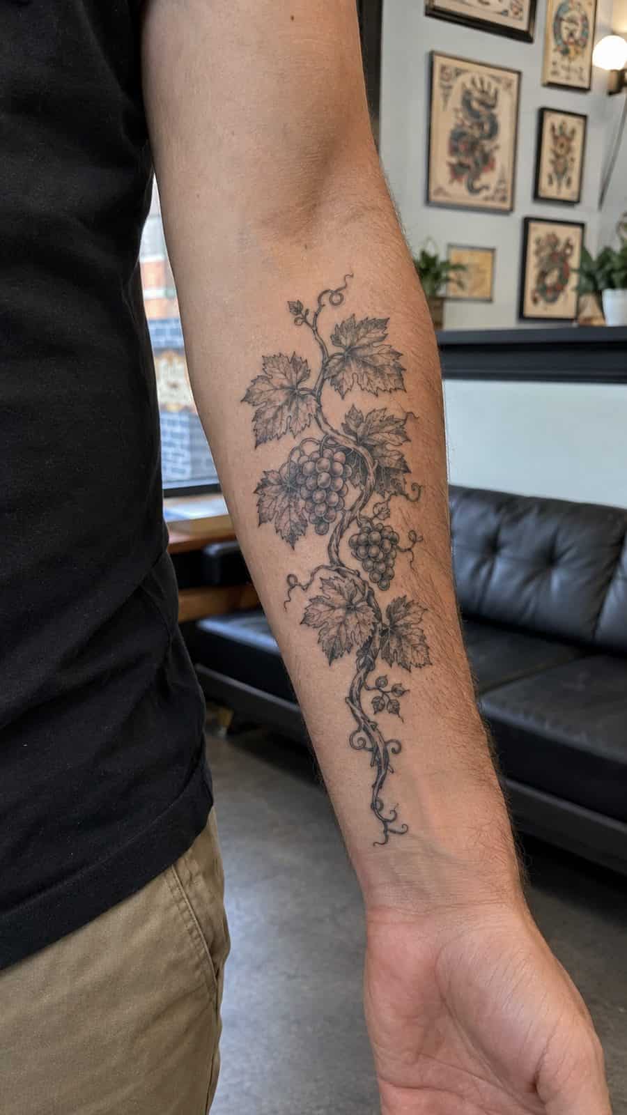 Modern Spartan: 18 Greek Tattoo Ideas Every Man Should Consider 35 Healed dionysus's grapevine tattoo on a adult man's inner forearm, photographed in a natural relaxed documentary crop — study 3