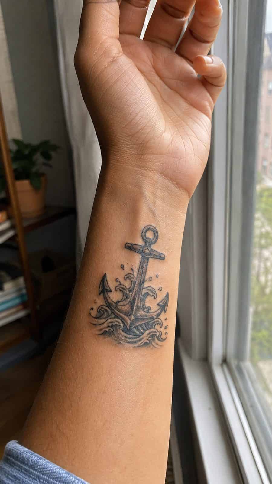 Wrist Tattoos Women Are Raving About: Discover the 28 Most Gorgeous Designs 33 Healed anchor with waves tattoo on a adult woman's inner wrist, photographed in a natural relaxed documentary crop — study 2