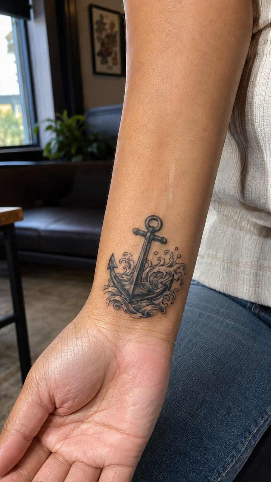 Wrist Tattoos Women Are Raving About: Discover the 28 Most Gorgeous Designs 34 Healed anchor with waves tattoo on a adult woman's inner wrist, photographed in a natural casual close three-quarter view — study 3