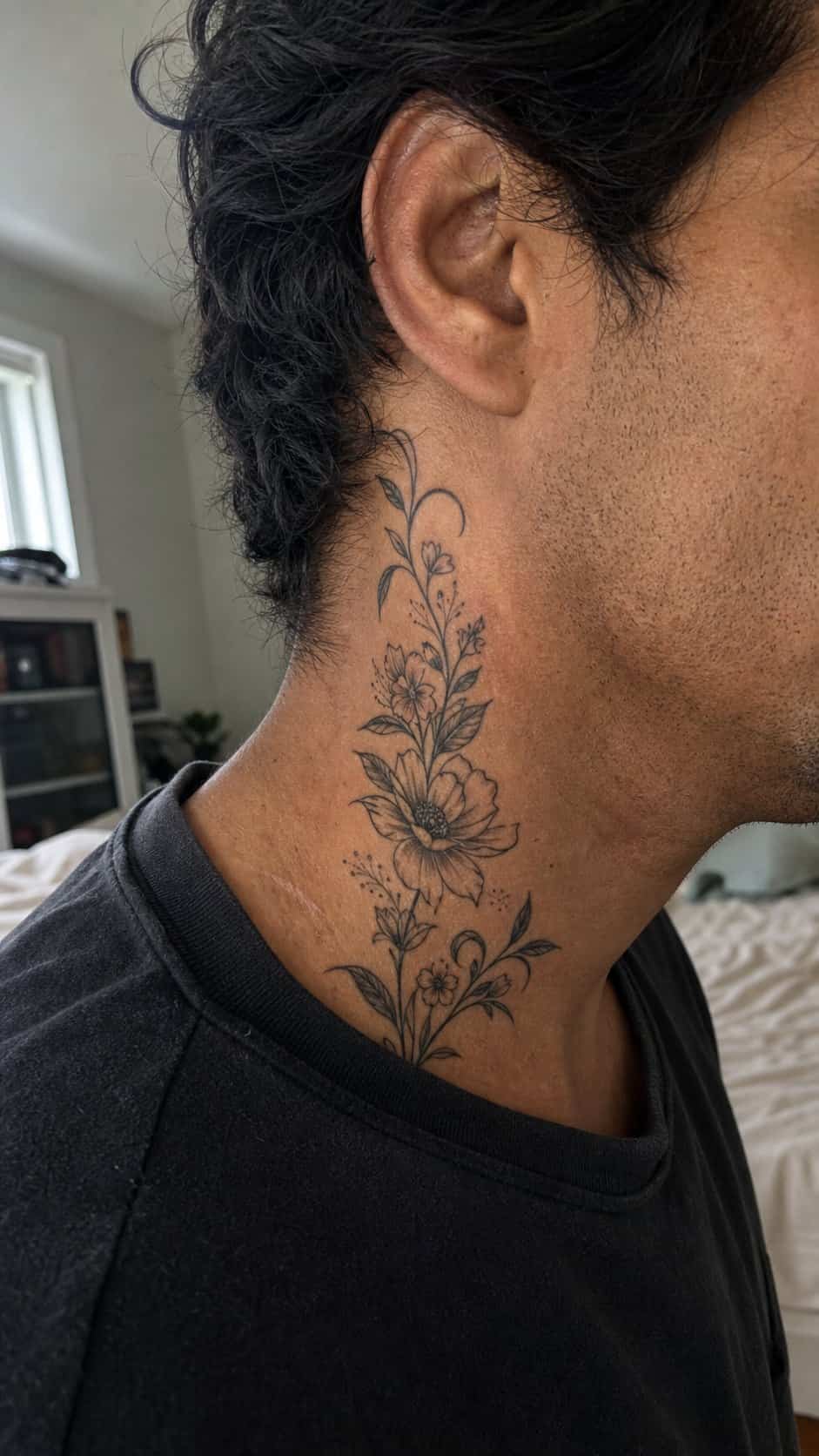 15 Neck Tattoo Ideas for Men Worth Considering 14 Healed floral whimsy tattoo on a adult man's side neck, photographed in a natural straight-on close view, a touch off-center like a — study 1