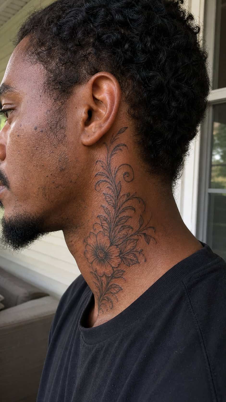 15 Neck Tattoo Ideas for Men Worth Considering 15 Healed floral whimsy tattoo on a adult man's side neck, photographed in a natural gentle side angle that clearly shows how the ink — study 2