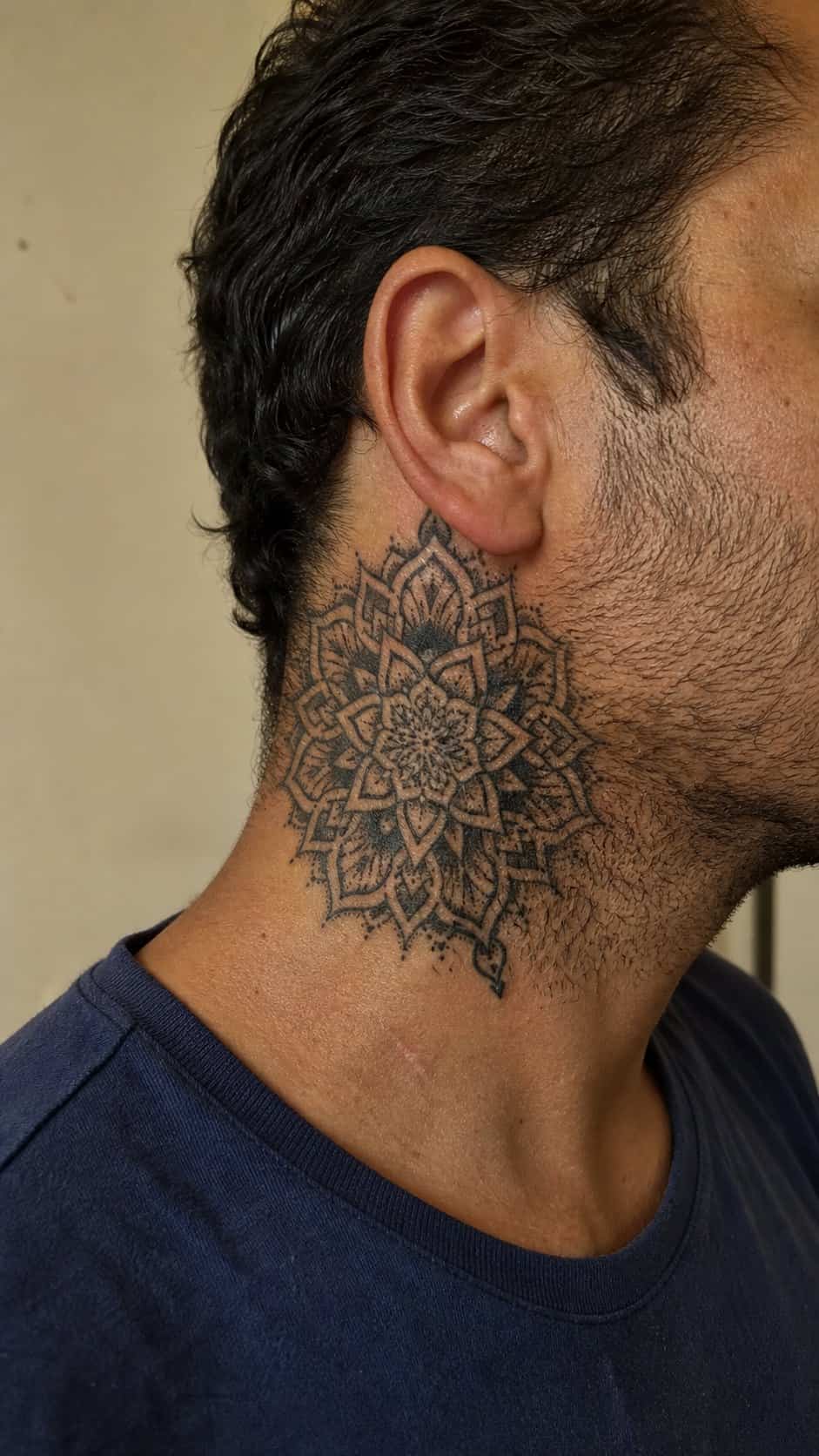 15 Neck Tattoo Ideas for Men Worth Considering 18 Healed intricate mandala tattoo on a adult man's side neck, photographed in a natural straight-on close view, a touch off-center like — study 1