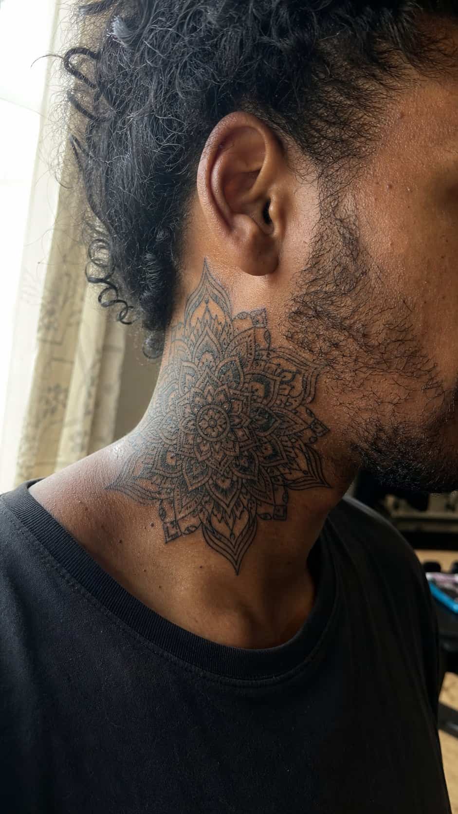 15 Neck Tattoo Ideas for Men Worth Considering 19 Healed intricate mandala tattoo on a adult man's side neck, photographed in a natural gentle side angle that clearly shows how the ink — study 2