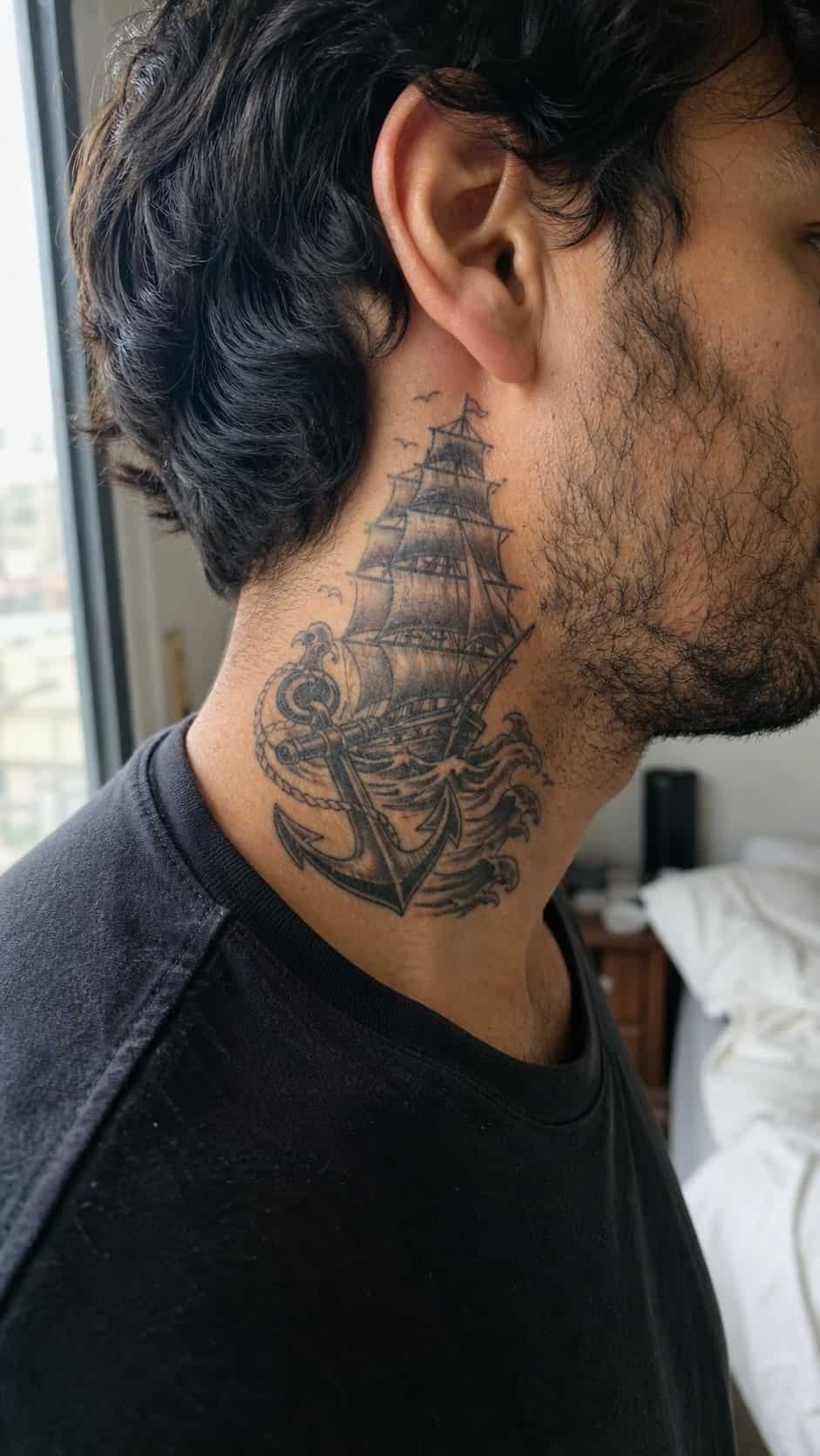 15 Neck Tattoo Ideas for Men Worth Considering 21 Healed retro nautical theme tattoo on a adult man's side neck, photographed in a natural waist-height candid close-up — study 1