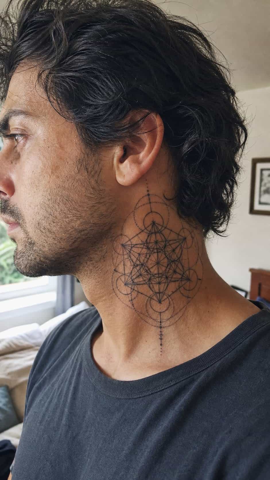 15 Neck Tattoo Ideas for Men Worth Considering 29 Healed sacred geometry tattoo on a adult man's side neck, photographed in a natural gentle side angle that clearly shows how the ink — study 1