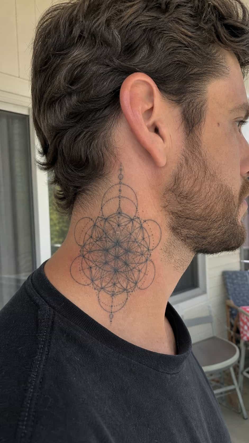 15 Neck Tattoo Ideas for Men Worth Considering 30 Healed sacred geometry tattoo on a adult man's side neck, photographed in a natural slightly elevated close view — study 2