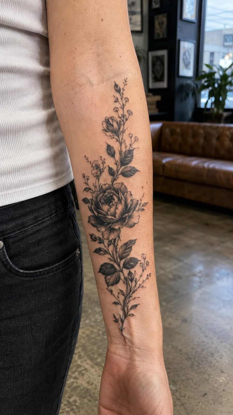 20 Edgy Grunge Tattoo Ideas for Women Who Break the Rules 2 Healed dark floral forearm tattoo on a adult woman's inner forearm, photographed in a natural straight-on close view, a touch — study 1