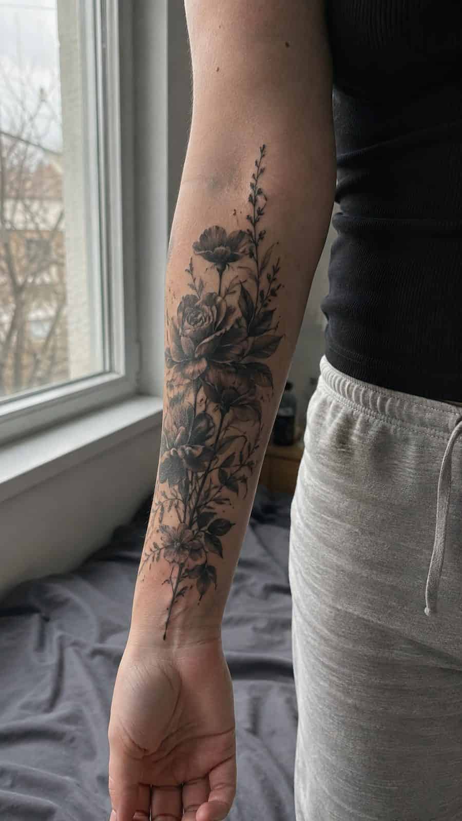 20 Edgy Grunge Tattoo Ideas for Women Who Break the Rules 3 Healed dark floral forearm tattoo on a adult woman's inner forearm, photographed in a natural gentle side angle that clearly shows how — study 2