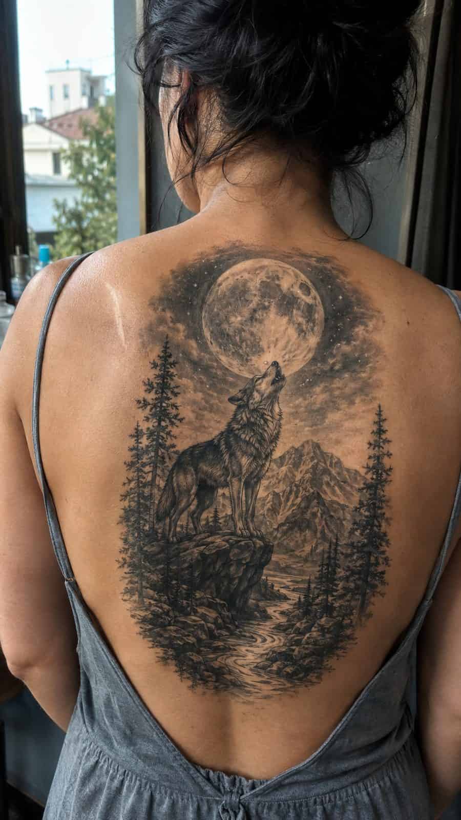 20 Edgy Grunge Tattoo Ideas for Women Who Break the Rules 7 Healed moonlit wolf backpiece tattoo on a adult woman's upper back, photographed in a natural straight-on close view, a touch — study 1