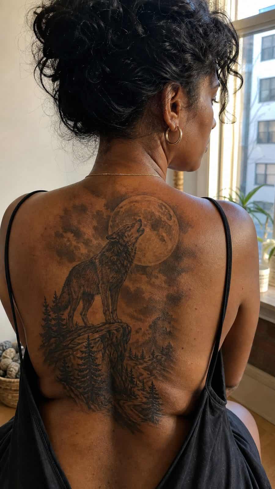 20 Edgy Grunge Tattoo Ideas for Women Who Break the Rules 8 Healed moonlit wolf backpiece tattoo on a adult woman's upper back, photographed in a natural gentle side angle that clearly shows how — study 2