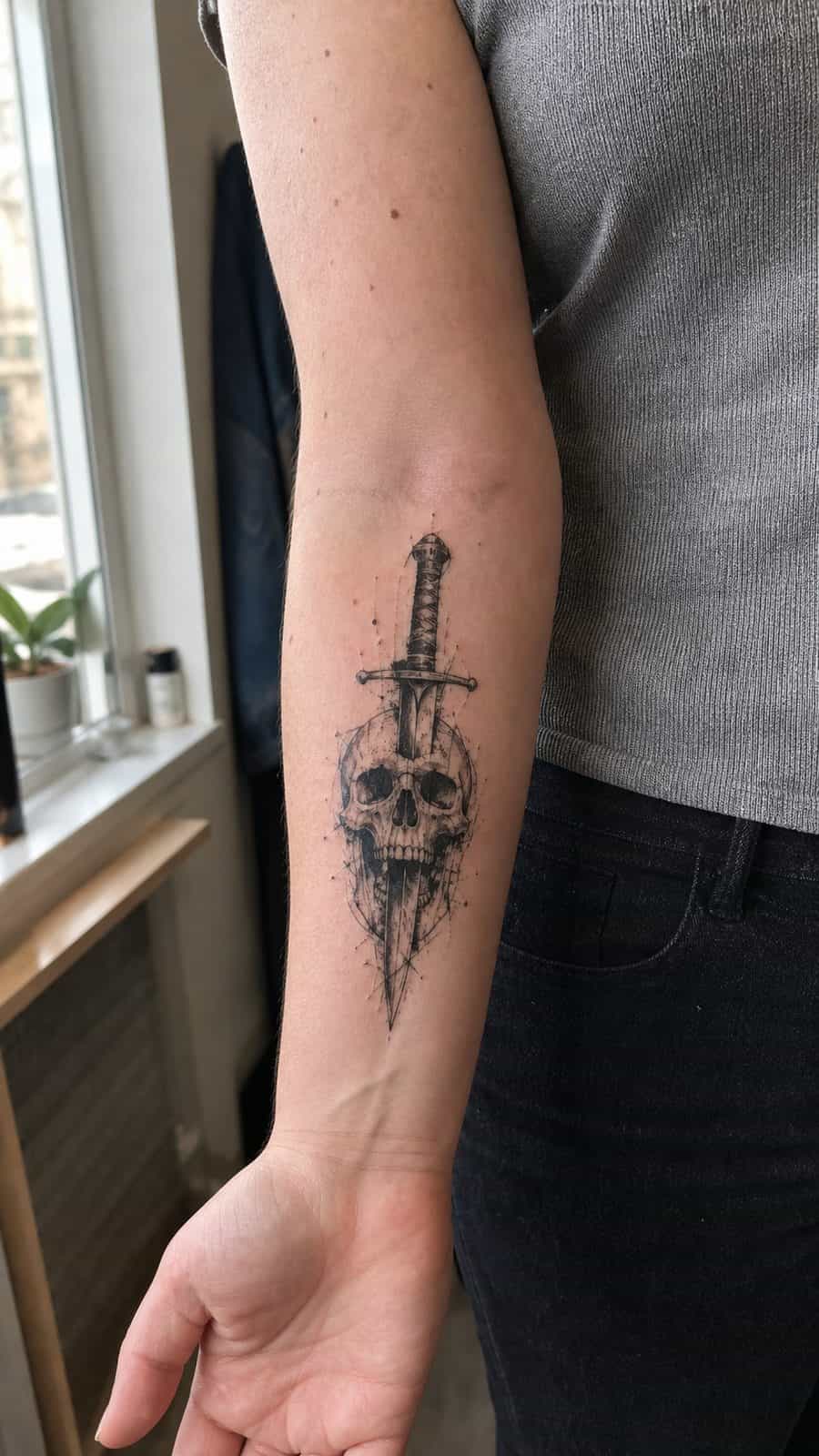 20 Edgy Grunge Tattoo Ideas for Women Who Break the Rules 11 Healed grunge skull and dagger tattoo on a adult woman's inner forearm, photographed in a natural waist-height candid close-up — study 1