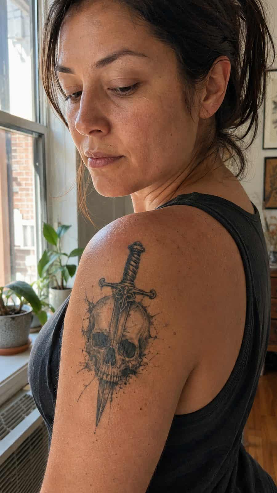 20 Edgy Grunge Tattoo Ideas for Women Who Break the Rules 12 Healed grunge skull and dagger tattoo on a adult woman's shoulder, photographed in a natural relaxed documentary crop — study 2