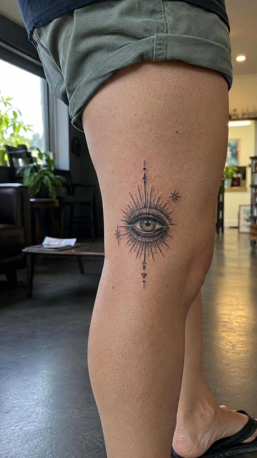 20 Edgy Grunge Tattoo Ideas for Women Who Break the Rules 16 Healed mysterious eye tattoo on a adult woman's outer calf, photographed in a natural waist-height candid close-up — study 1