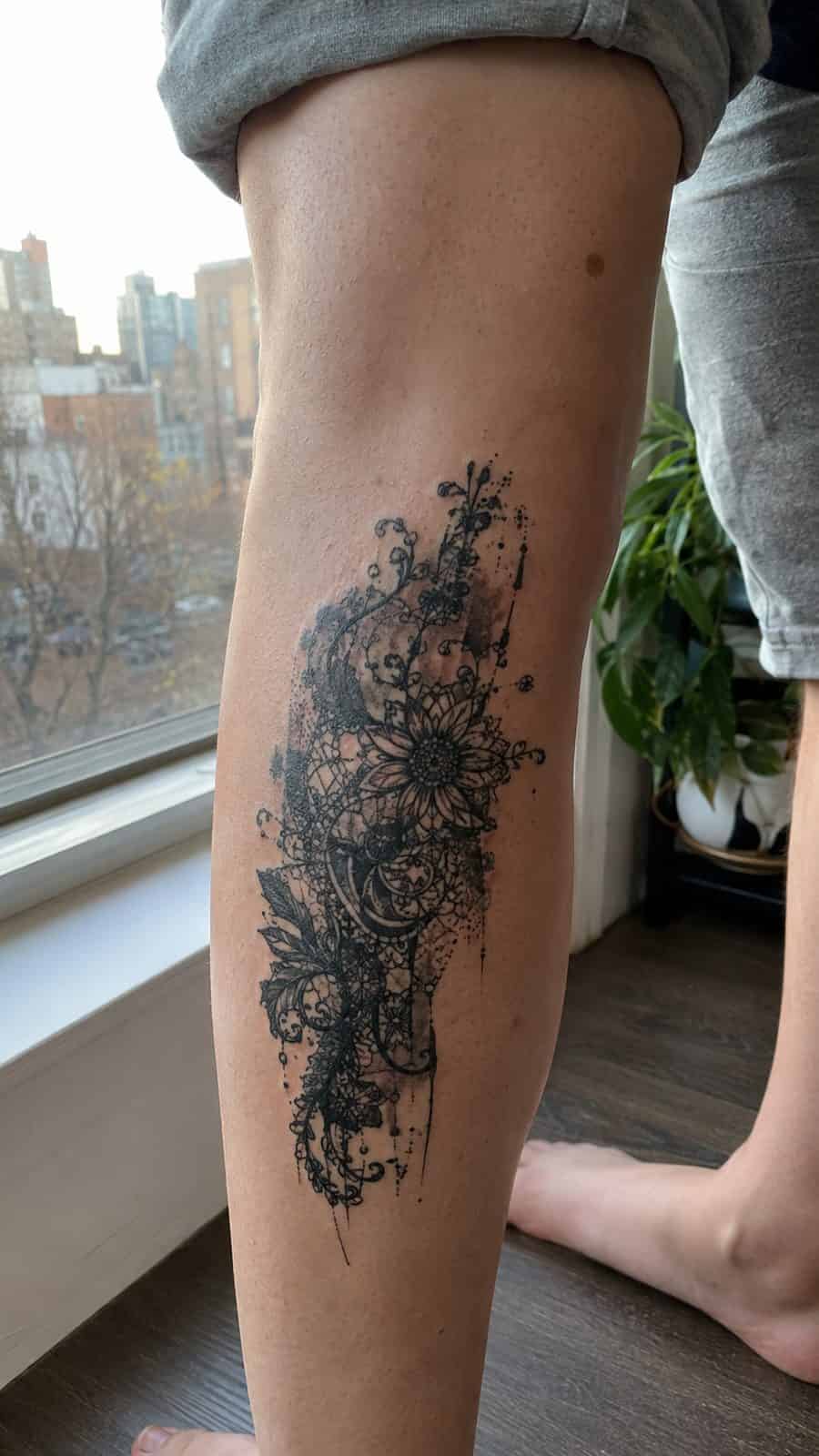 20 Edgy Grunge Tattoo Ideas for Women Who Break the Rules 18 Healed grunge lacework tattoo on a adult woman's outer calf, photographed in a natural straight-on close view, a touch off-center like — study 1
