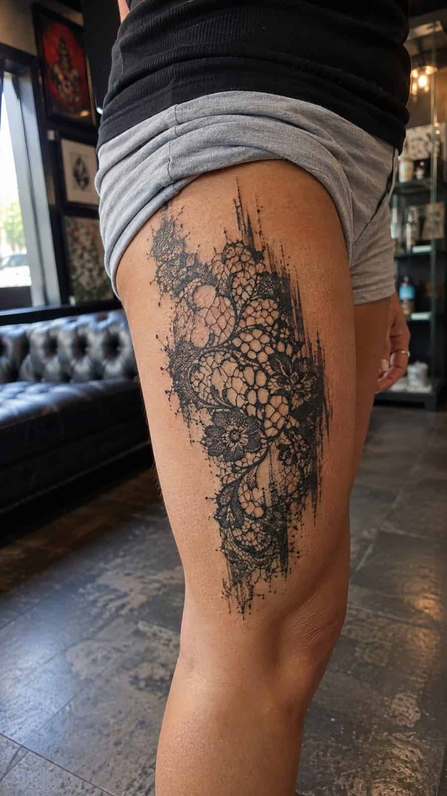 20 Edgy Grunge Tattoo Ideas for Women Who Break the Rules 19 Healed grunge lacework tattoo on a adult woman's outer thigh, photographed in a natural gentle side angle that clearly shows how the — study 2