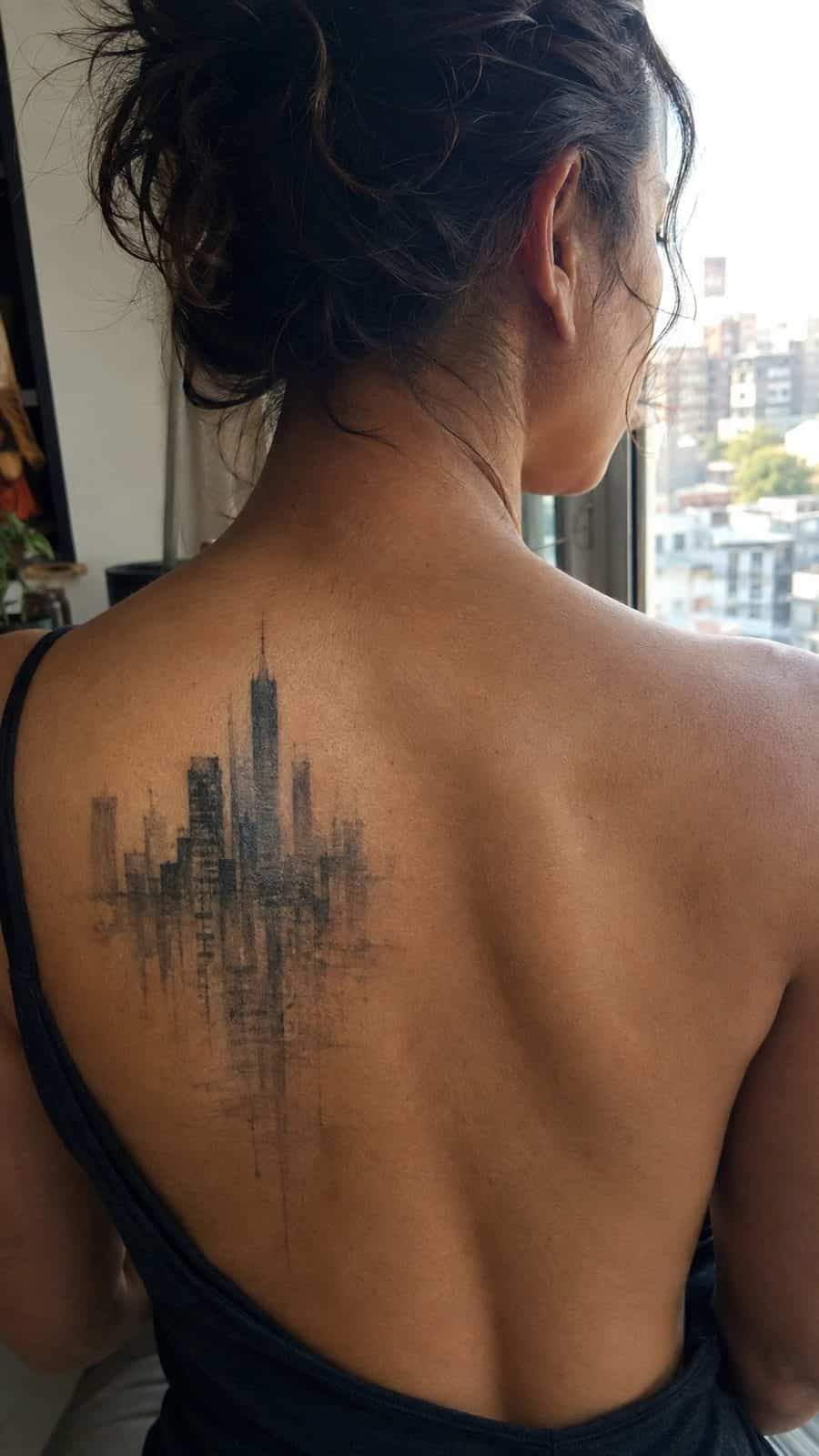 20 Edgy Grunge Tattoo Ideas for Women Who Break the Rules 22 Healed faded cityscape tattoo on a adult woman's upper back, photographed in a natural casual close three-quarter view — study 2