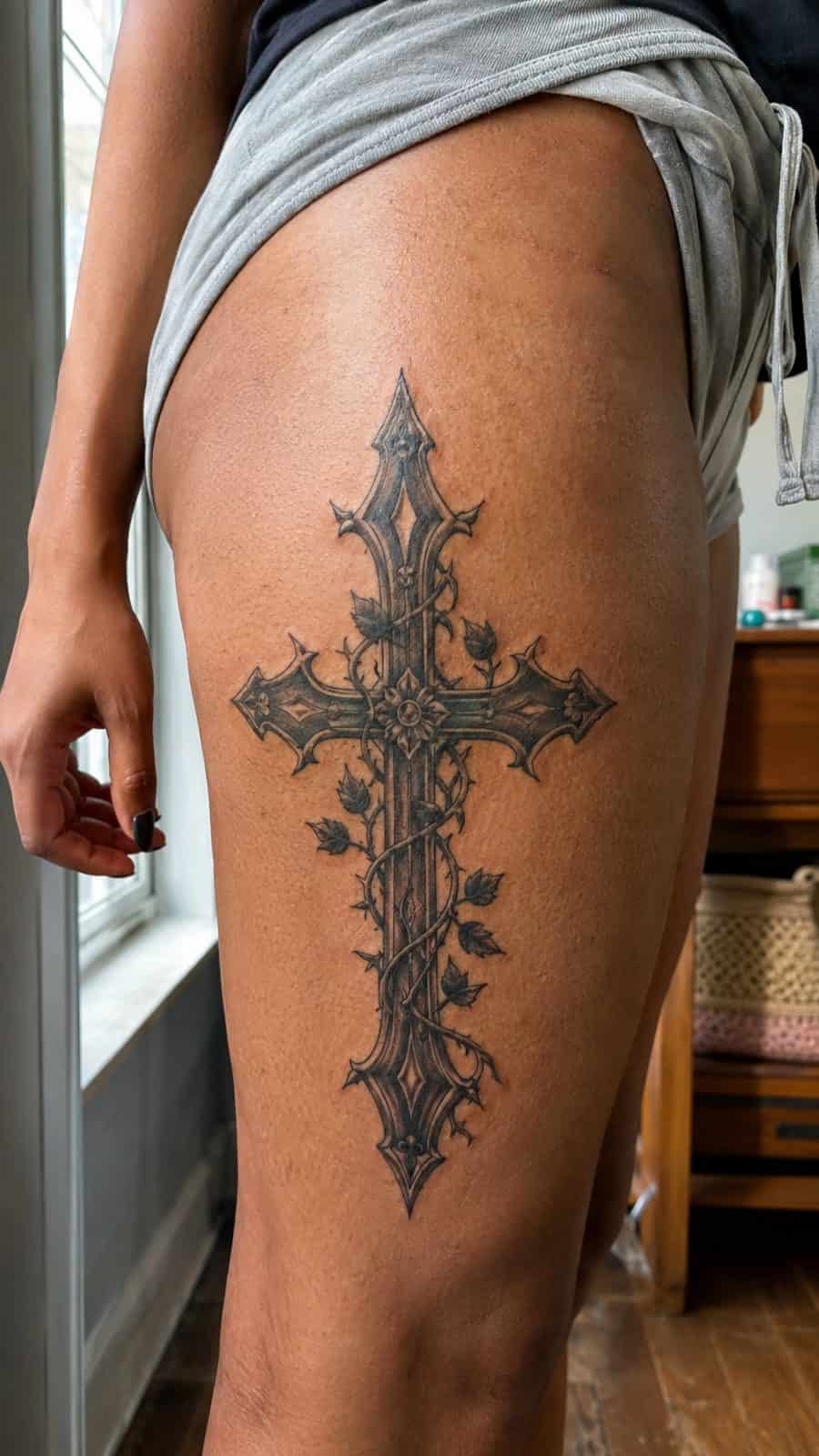 20 Edgy Grunge Tattoo Ideas for Women Who Break the Rules 23 Healed gothic cross tattoo on a adult woman's outer thigh, photographed in a natural straight-on close view, a touch off-center like a — study 1