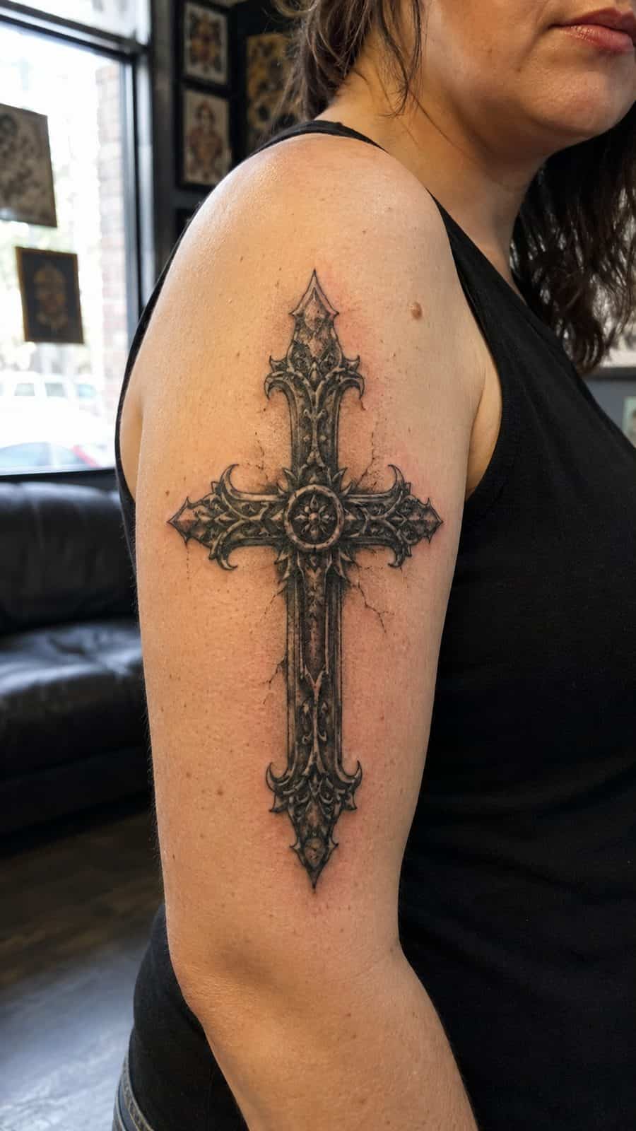20 Edgy Grunge Tattoo Ideas for Women Who Break the Rules 25 Healed gothic cross tattoo on a adult woman's outer upper arm, photographed in a natural slightly elevated close view — study 3