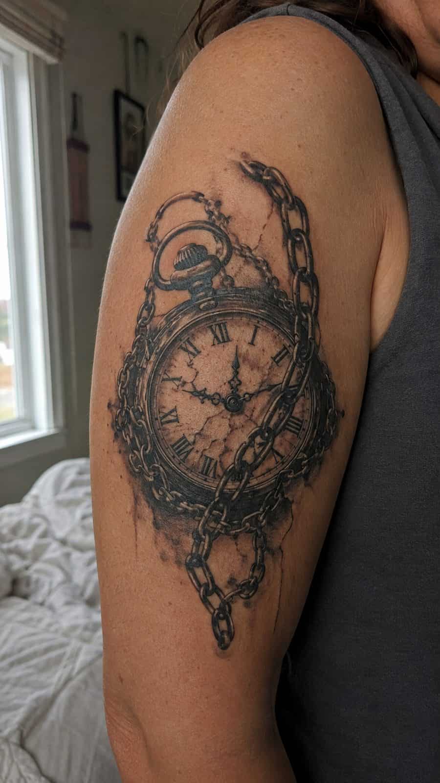 20 Edgy Grunge Tattoo Ideas for Women Who Break the Rules 26 Healed vintage clock with chains tattoo on a adult woman's outer upper arm, photographed in a natural straight-on close view, a touch — study 1