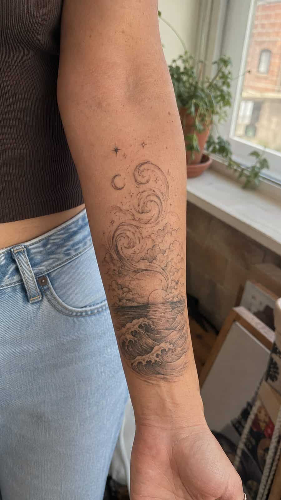 20 Edgy Grunge Tattoo Ideas for Women Who Break the Rules 31 Healed sea of dreams tattoo on a adult woman's inner forearm, photographed in a natural waist-height candid close-up — study 2