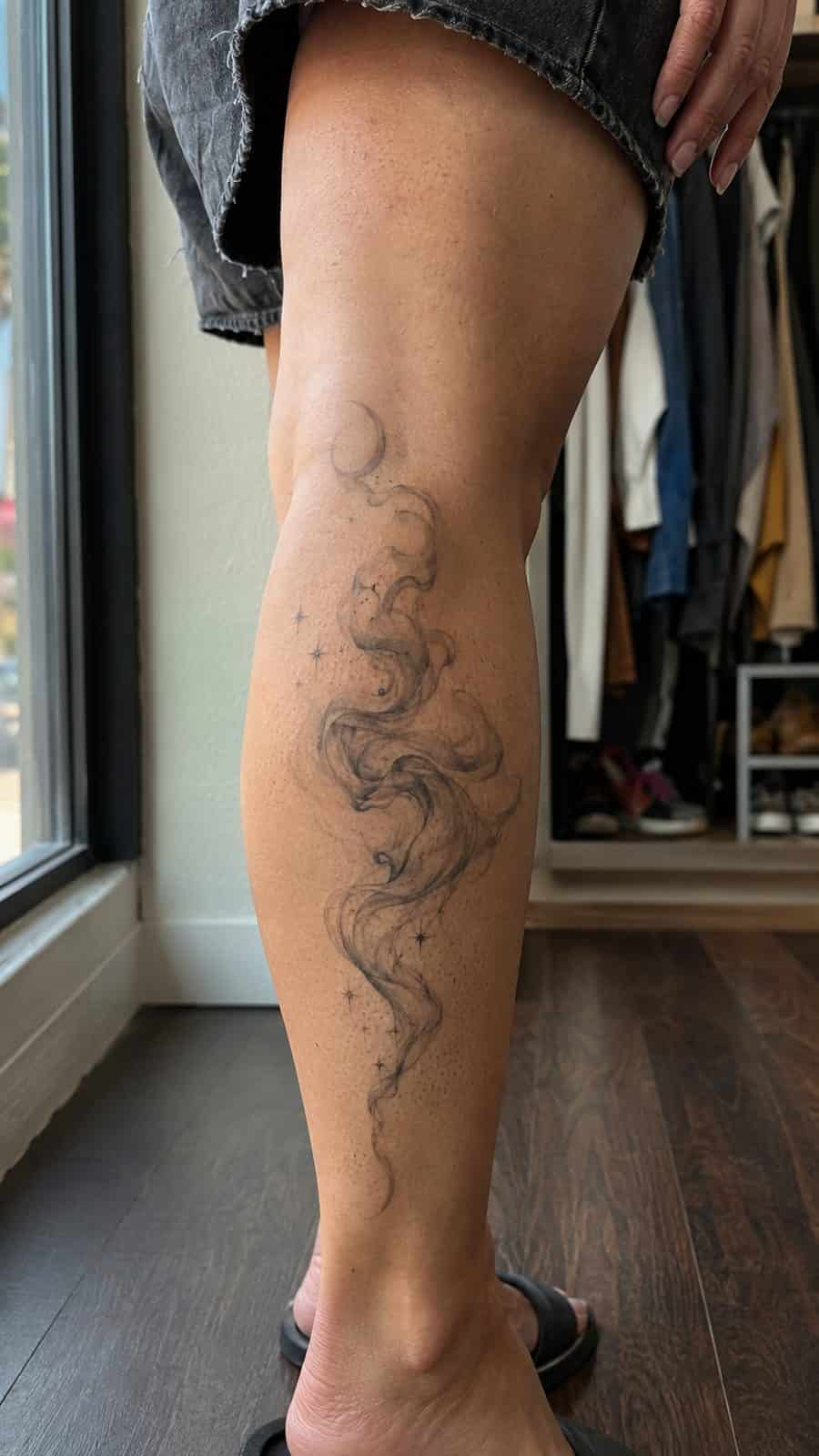 20 Edgy Grunge Tattoo Ideas for Women Who Break the Rules 39 Healed ethereal smoke tattoo on a adult woman's outer calf, photographed in a natural casual close three-quarter view — study 3