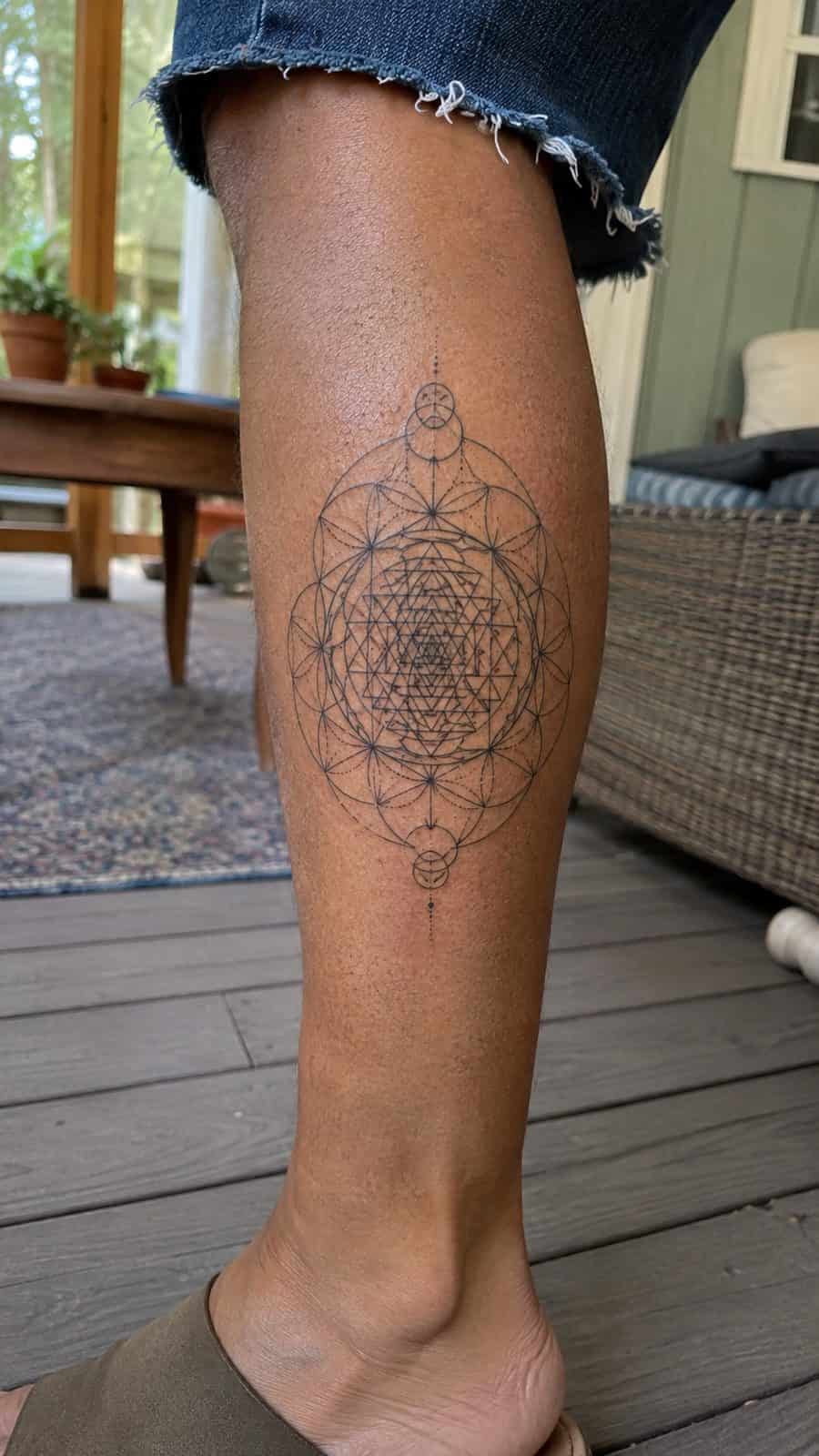 20 Edgy Grunge Tattoo Ideas for Women Who Break the Rules 41 Healed sacred geometry tattoo on a adult woman's outer calf, photographed in a natural casual close three-quarter view — study 2