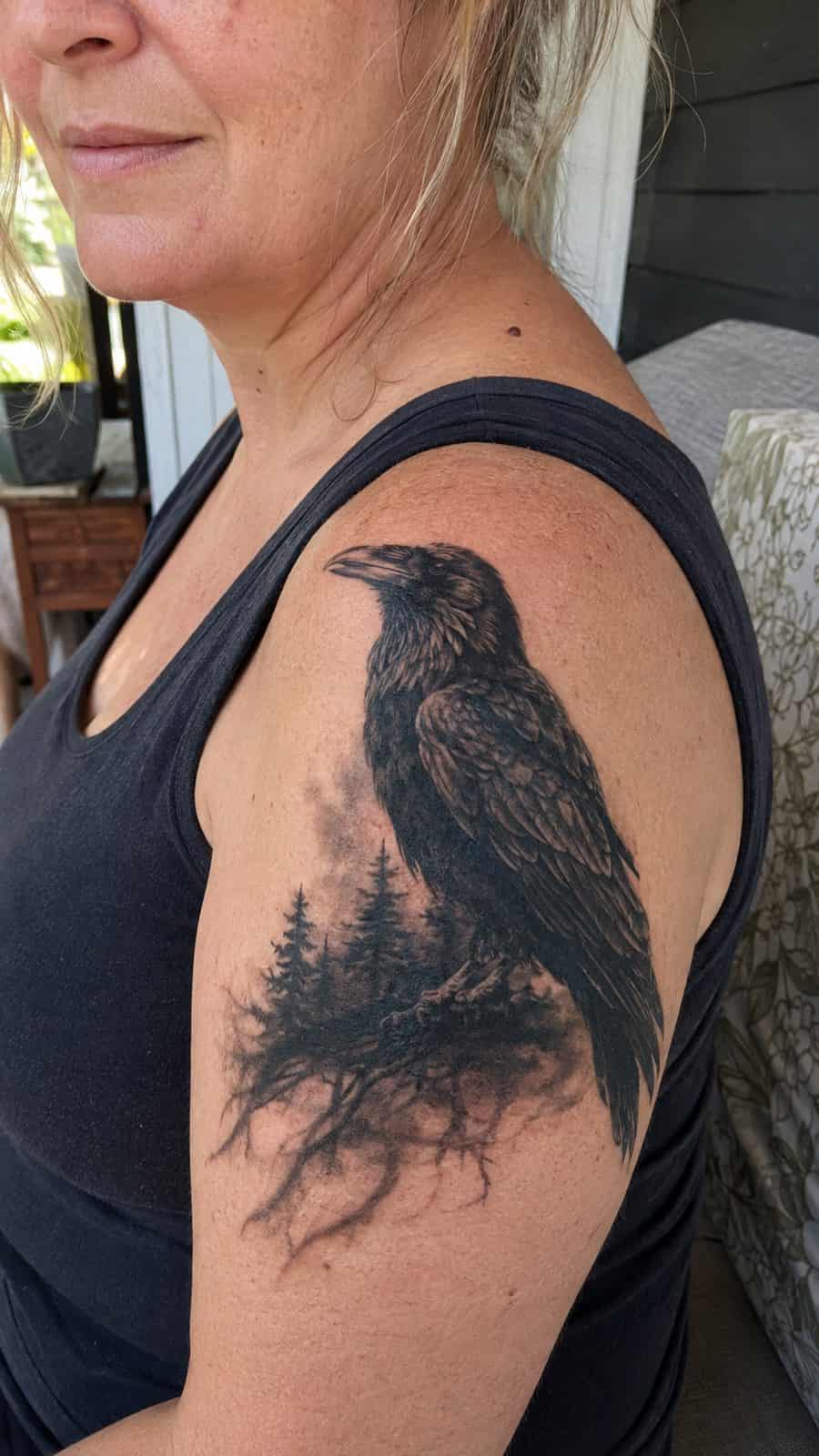 20 Edgy Grunge Tattoo Ideas for Women Who Break the Rules 43 Healed raven's shadow tattoo on a adult woman's shoulder, photographed in a natural slightly elevated close view — study 1