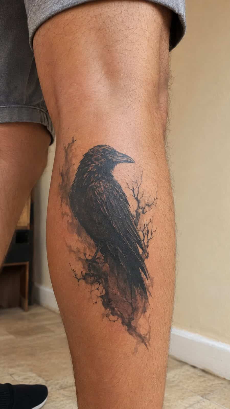 20 Edgy Grunge Tattoo Ideas for Women Who Break the Rules 44 Healed raven's shadow tattoo on a adult woman's outer calf, photographed in a natural waist-height candid close-up — study 2