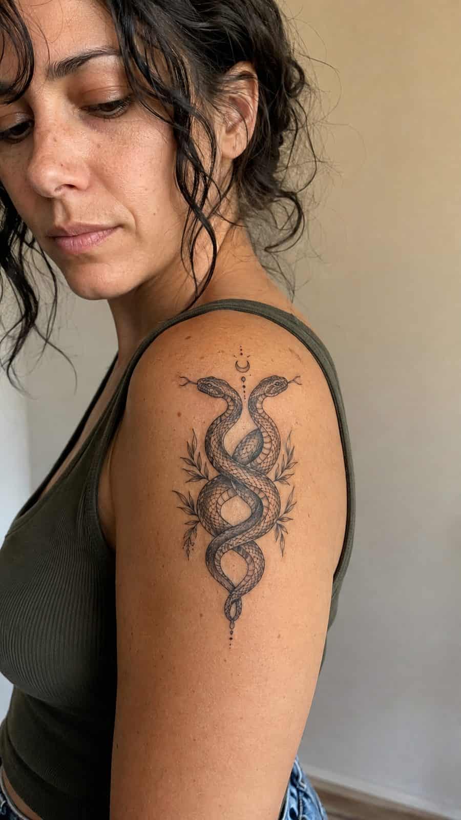 20 Edgy Grunge Tattoo Ideas for Women Who Break the Rules 45 Healed intertwined serpents tattoo on a adult woman's shoulder, photographed in a natural casual close three-quarter view — study 1