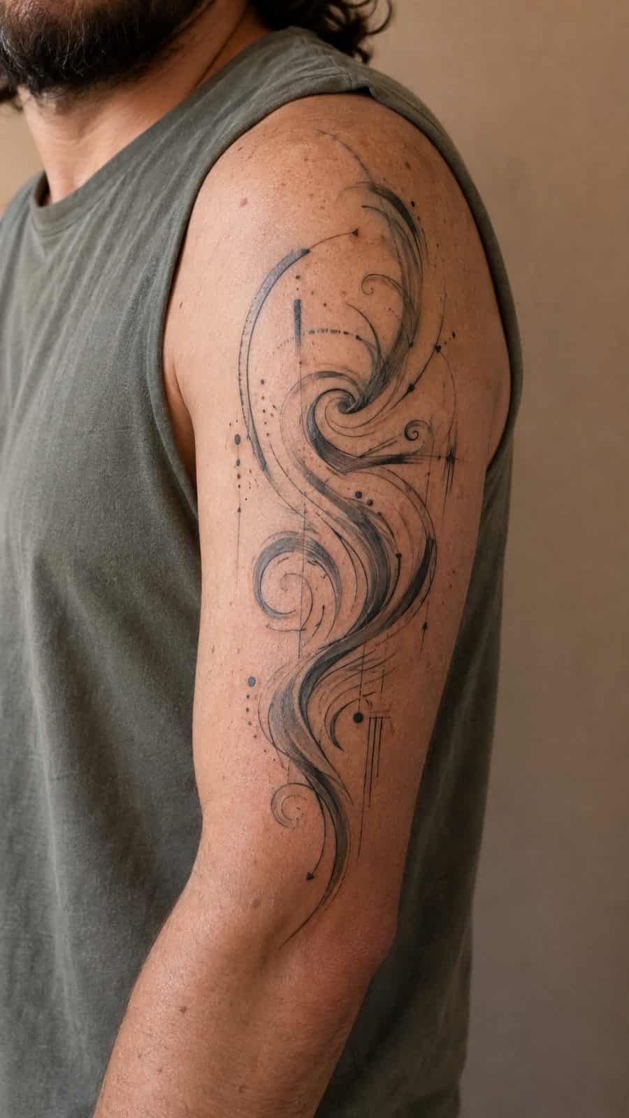 Healed abstract swirl designs tattoo on a adult person's outer upper arm, photographed in a natural straight-on close view, a touch — study 2