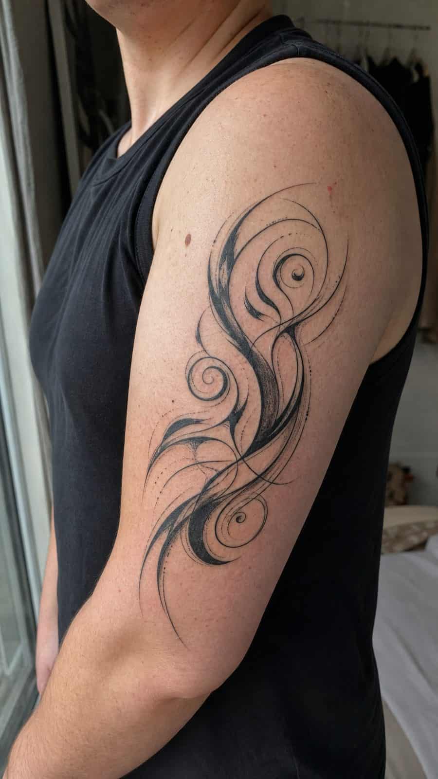Healed abstract swirl designs tattoo on a adult person's outer upper arm, photographed in a natural gentle side angle that clearly — study 3