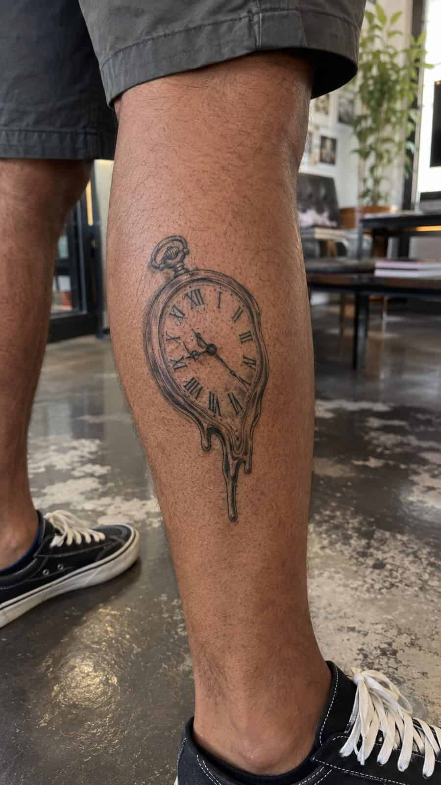 Healed melting clock tattoo on a adult person's outer calf, photographed in a natural relaxed documentary crop — study 1