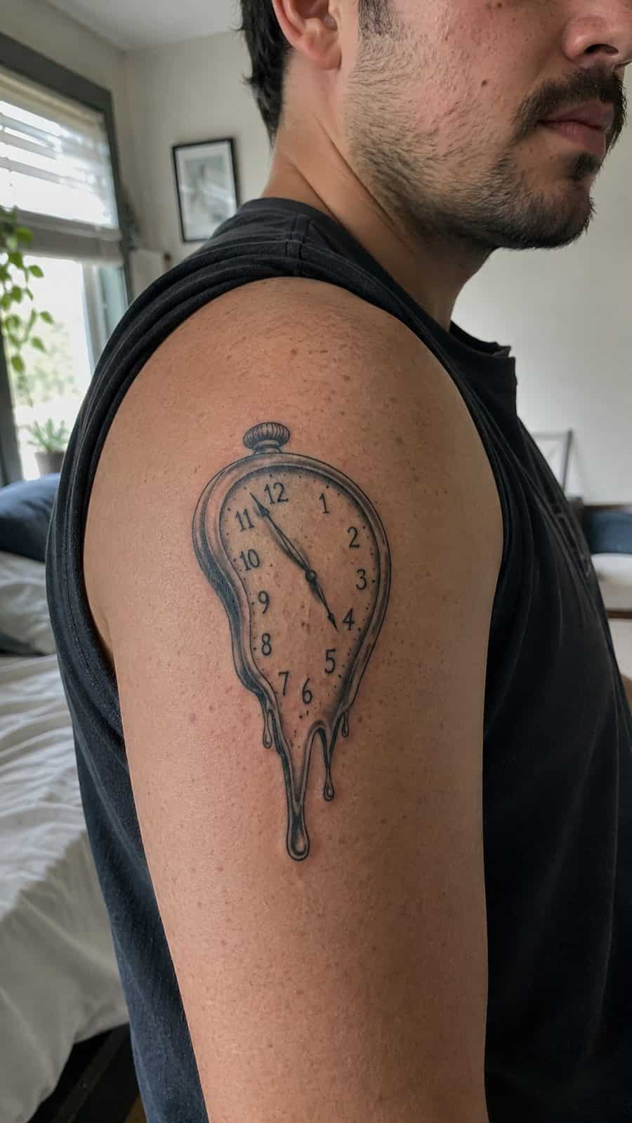 Healed melting clock tattoo on a adult person's shoulder, photographed in a natural casual close three-quarter view — study 2