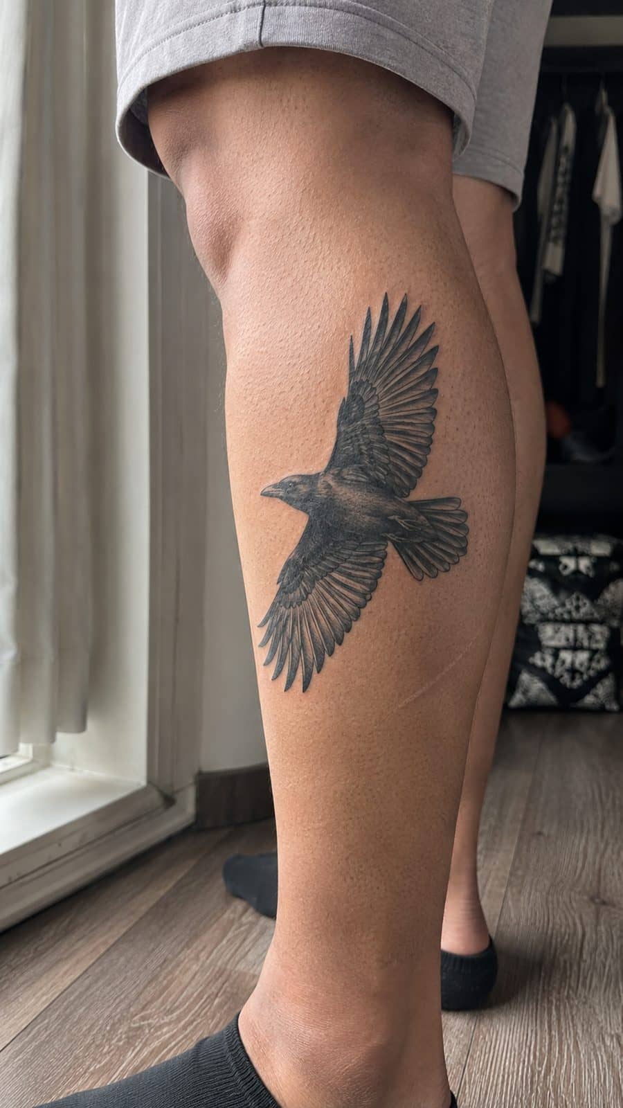 Healed raven in flight tattoo on a adult person's outer calf, photographed in a natural gentle side angle that clearly shows how the — study 1