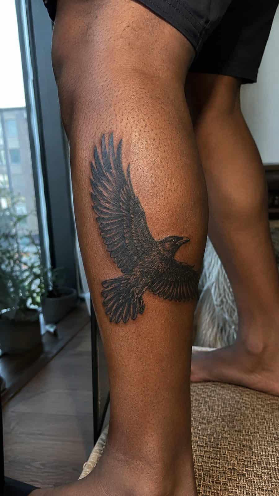 Healed raven in flight tattoo on a adult person's outer calf, photographed in a natural slightly elevated close view — study 2
