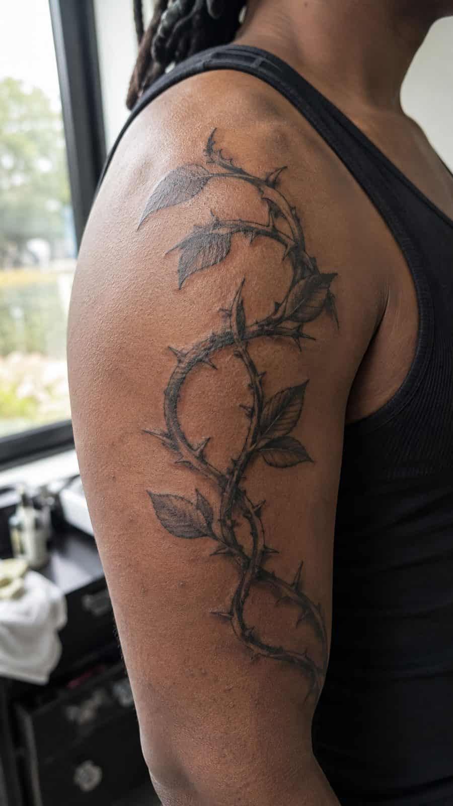 Healed vine and thorns tattoo on a adult person's shoulder, photographed in a natural relaxed documentary crop — study 3