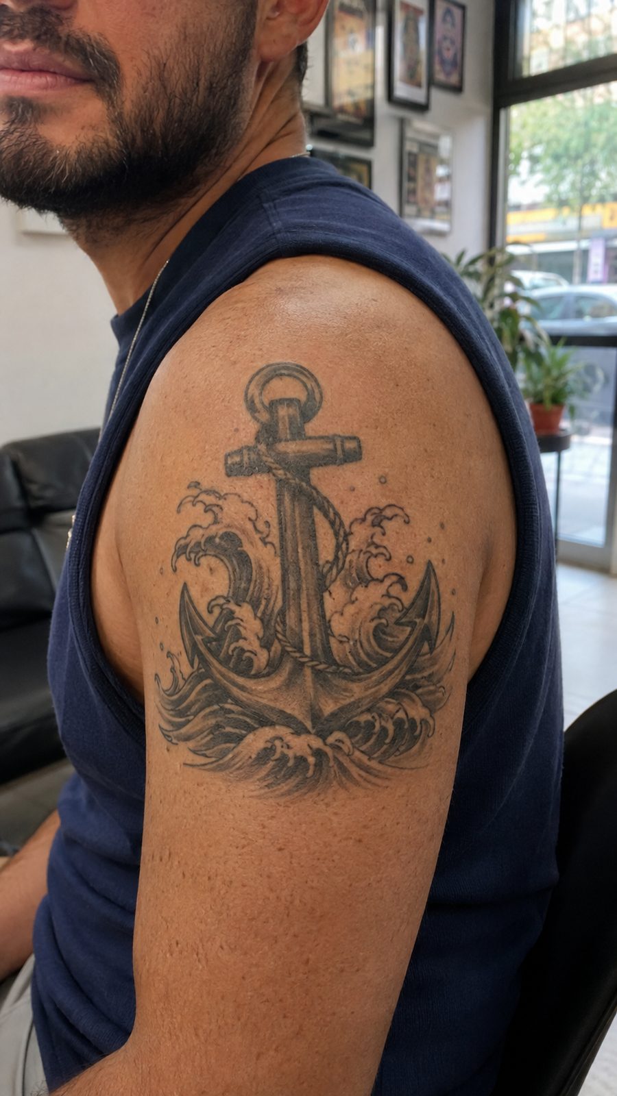 Healed anchor with waves tattoo on a adult person's shoulder, photographed in a natural waist-height candid close-up — study 2