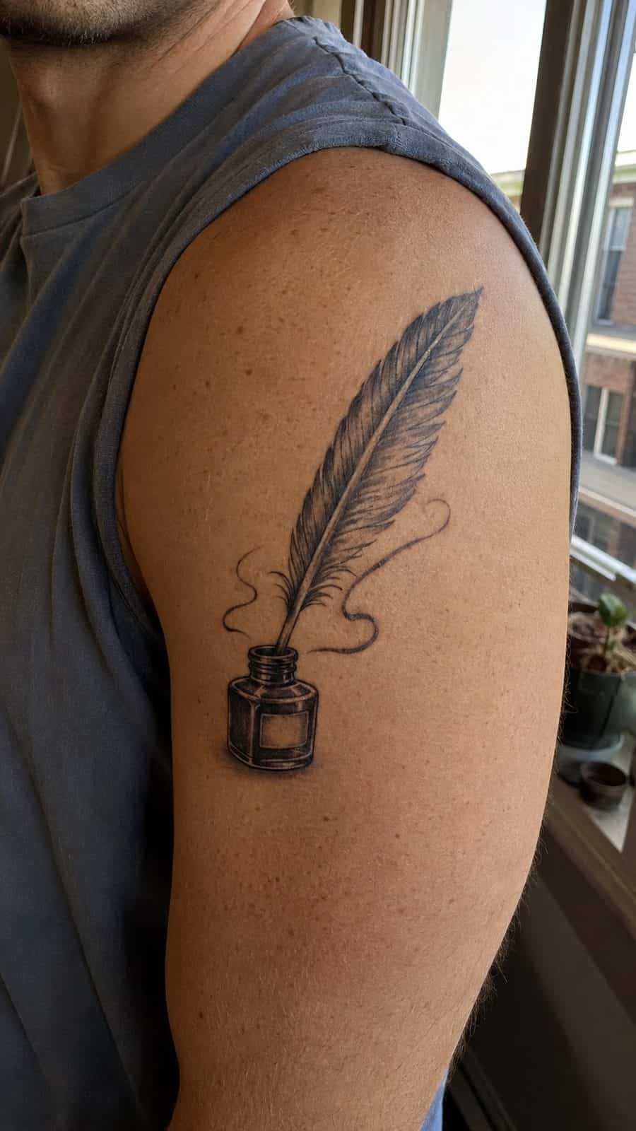 Healed feather quill with ink tattoo on a adult person's shoulder, photographed in a natural straight-on close view, a touch — study 1