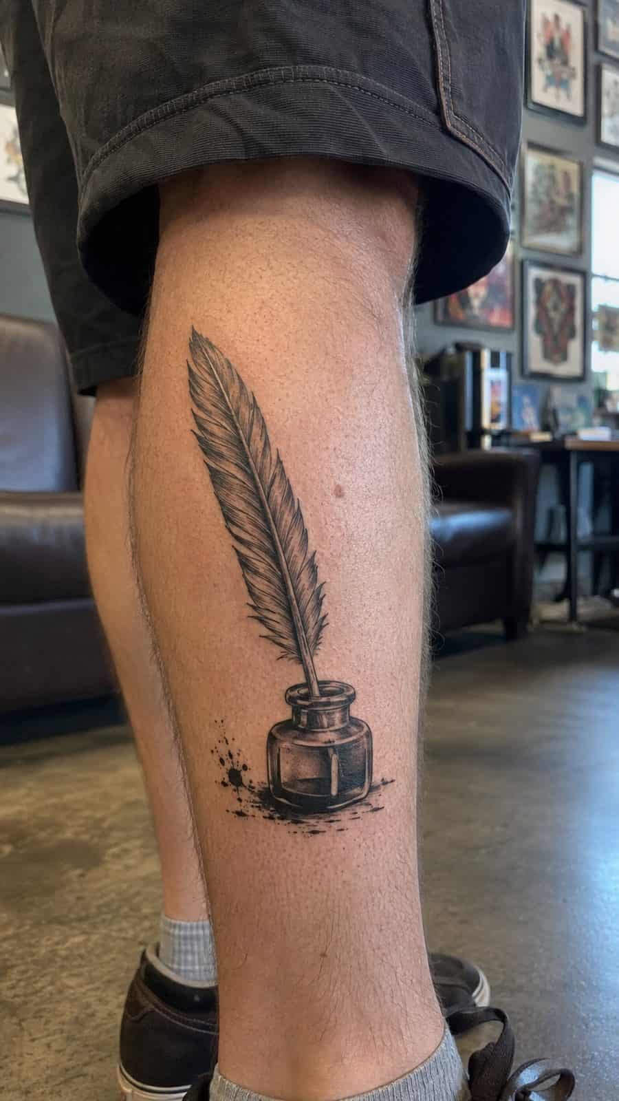 Healed feather quill with ink tattoo on a adult person's outer calf, photographed in a natural gentle side angle that clearly shows — study 2