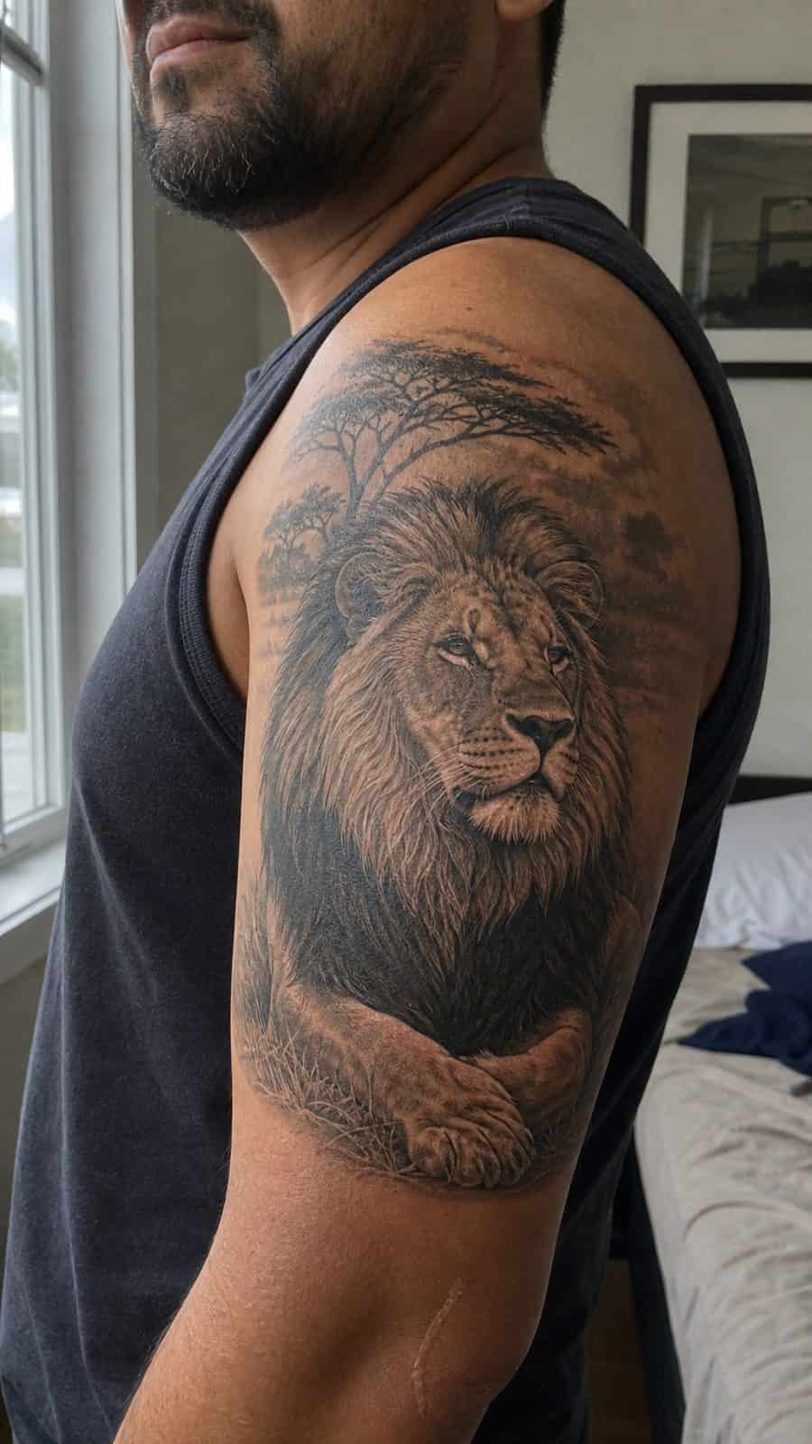 Unleash Your Inner Strength: 20 Male Lion Tattoo Ideas You Need to See 5 Healed king of the jungle tattoo on a adult man's outer upper arm, photographed in a natural gentle side angle that clearly shows how — study 1