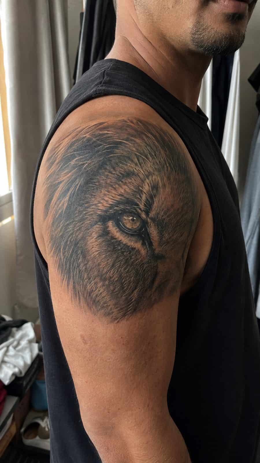 Unleash Your Inner Strength: 20 Male Lion Tattoo Ideas You Need to See 8 Healed eye of the lion tattoo on a adult man's shoulder, photographed in a natural waist-height candid close-up — study 2