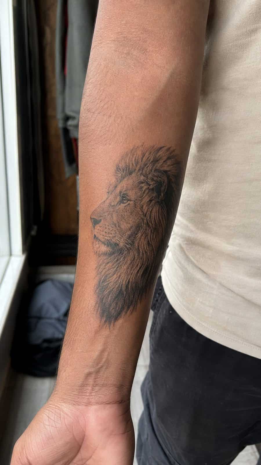 Unleash Your Inner Strength: 20 Male Lion Tattoo Ideas You Need to See 10 Healed majestic profile tattoo on a adult man's inner forearm, photographed in a natural straight-on close view, a touch off-center — study 2