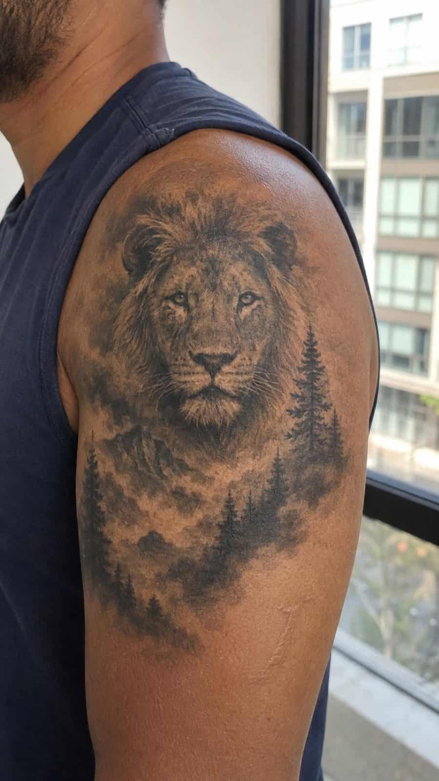 Unleash Your Inner Strength: 20 Male Lion Tattoo Ideas You Need to See 13 Healed lion in the mist tattoo on a adult man's shoulder, photographed in a natural straight-on close view, a touch off-center like a — study 2