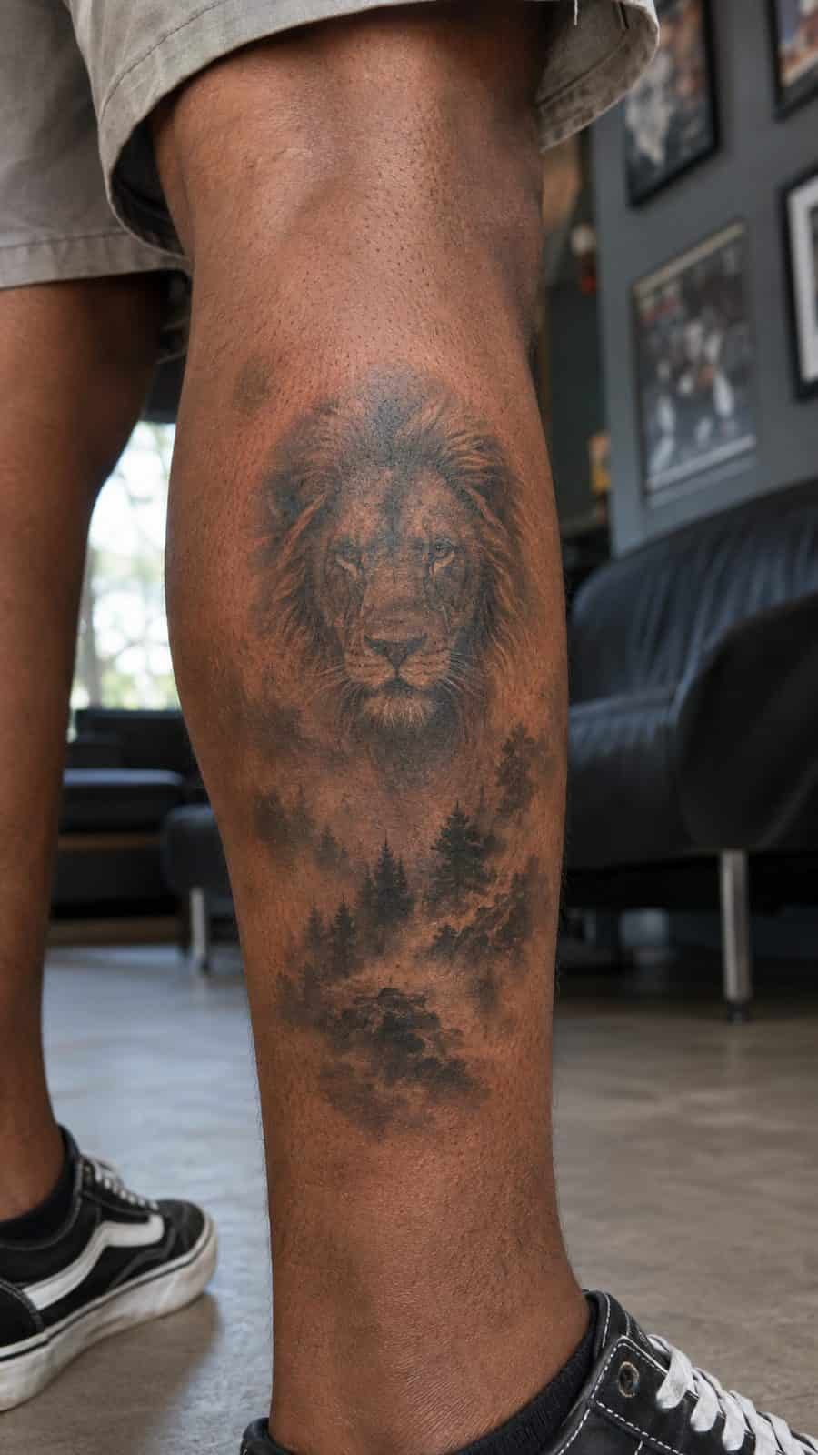 Unleash Your Inner Strength: 20 Male Lion Tattoo Ideas You Need to See 14 Healed lion in the mist tattoo on a adult man's outer calf, photographed in a natural gentle side angle that clearly shows how the ink — study 3