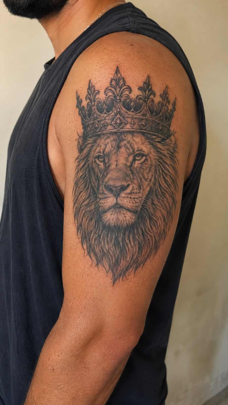 Unleash Your Inner Strength: 20 Male Lion Tattoo Ideas You Need to See 15 Healed crowned king tattoo on a adult man's outer upper arm, photographed in a natural relaxed documentary crop — study 1