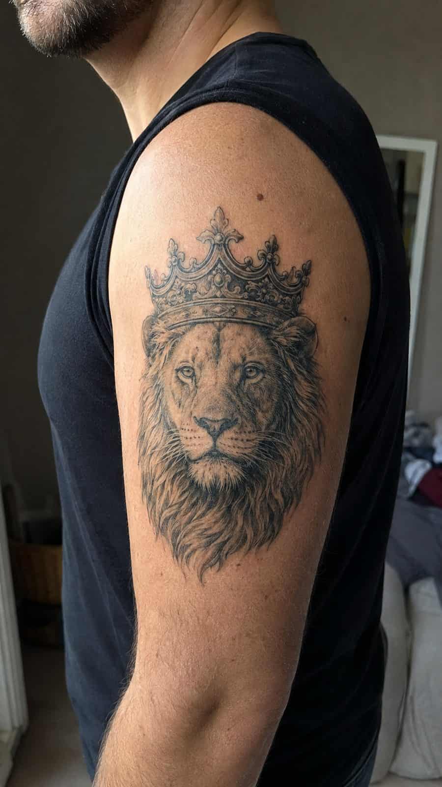Unleash Your Inner Strength: 20 Male Lion Tattoo Ideas You Need to See 16 Healed crowned king tattoo on a adult man's outer upper arm, photographed in a natural casual close three-quarter view — study 2