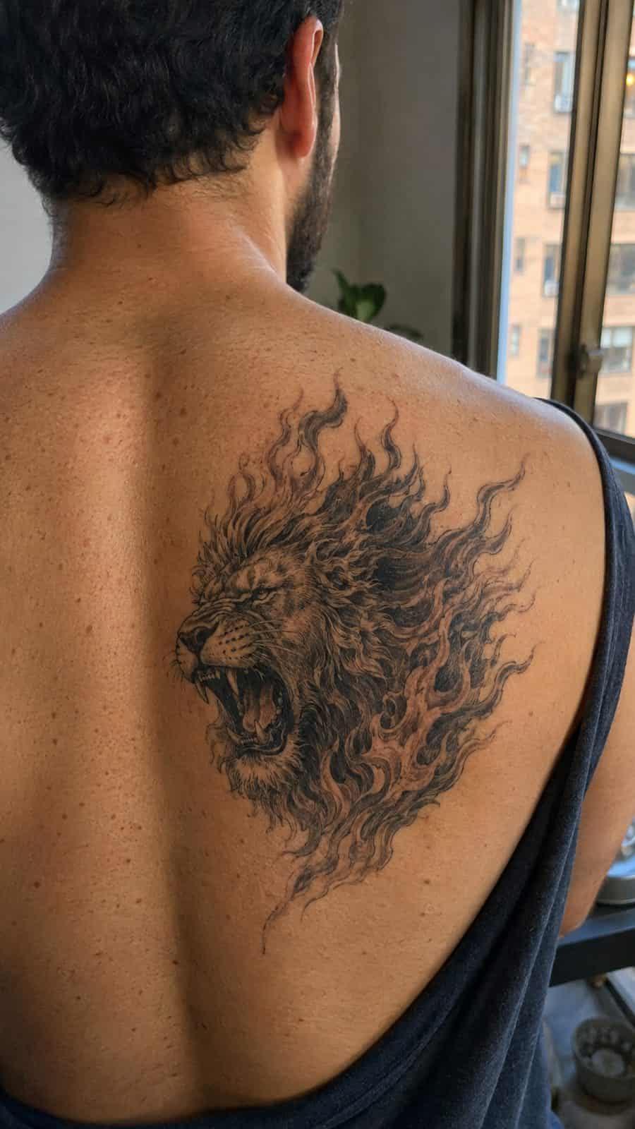 Unleash Your Inner Strength: 20 Male Lion Tattoo Ideas You Need to See 19 Healed roaring fire tattoo on a adult man's upper back, photographed in a natural straight-on close view, a touch off-center like a — study 2