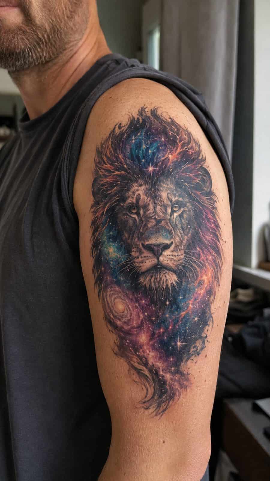 Unleash Your Inner Strength: 20 Male Lion Tattoo Ideas You Need to See 24 Healed galaxy lion tattoo on a adult man's outer upper arm, photographed in a natural slightly elevated close view — study 2